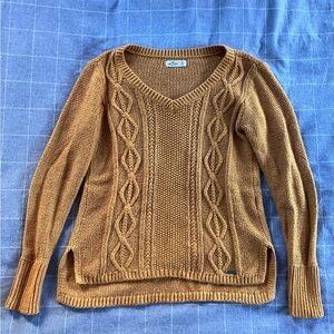 HOLLISTER Solid Mustard Yellow / Gold ish Cable Knit V-Neck Cotton Sweater Small
